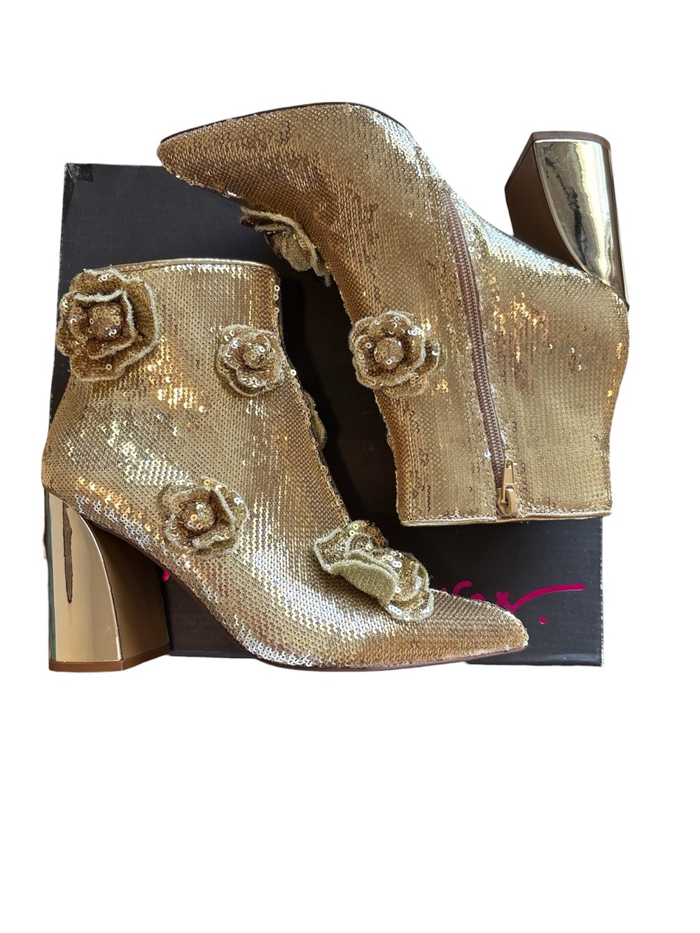 Betsey Johnson Gold Sequin Floral Block Heel Ankle Boots Women Sz 7